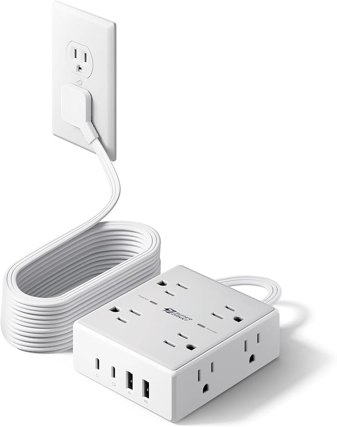 15Ft Long Extension Cord, Surge Protector Power Strip with 8 Outlets & 4 USB Ports (2 USB C), Flat Plug Power Strip Wall Mountable, Desk Charging Station for Home Office, College Dorm Room Essentials