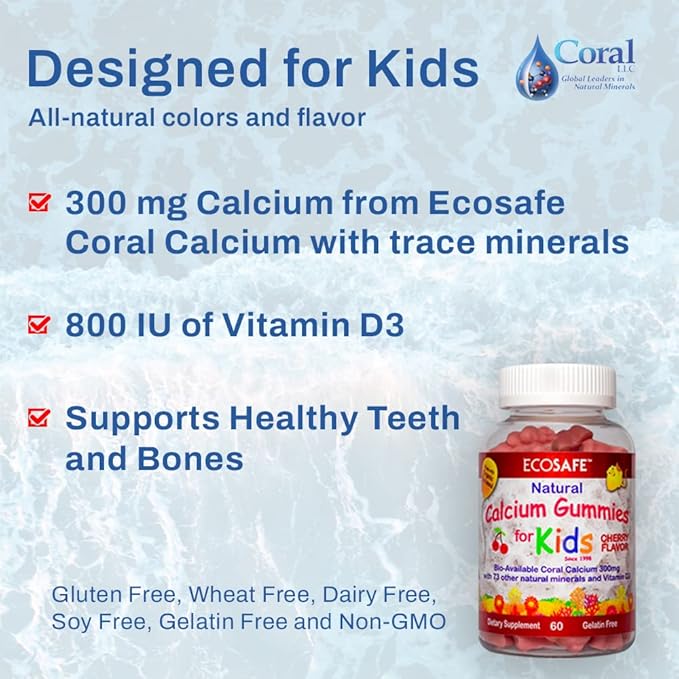 Coral Calcium Vitamin D3 Kids Gummy, Natural Cherry Flavor, Non GMO, Gluten-Free, Dairy-Free, Soy-Free and Gelatin Free - 300 mg of Calcium, and 800 IU of Vitamin D3-60 Gummies (2 Pack)