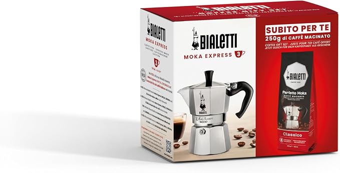 Bialetti 3 Cup Moka Pot and Ground Coffee Bundle 8.8 oz Bag - Italian Medium Roast Rich Barista Style Grounds with a Small Stovetop Espresso Maker Home Brewing Café Kitchen Appliance for Daily Use