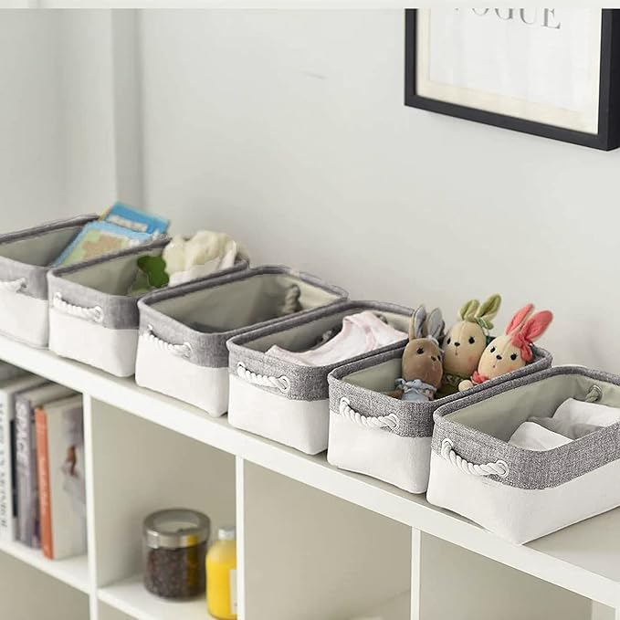 Storage Bins - Storage Baskets for Shelves Storage Cubes with Handles Small Baskets for Organizing (Gray and White 11.8 x 7.9 x 5.2 inch)