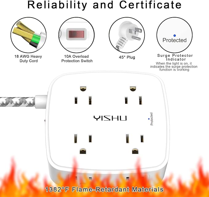 Surge Protector Power Strip - YISHU 8 Outlets with 4 USB (2 USB C) Charging Ports, 10Ft Braided Extension Cord, Flat Plug Multi Plug Outlet Extender Charging Station for Home Office, ETL, White