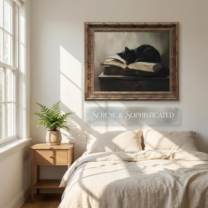 Vintage Moody Gothic Black Cat Wall Art, Dark Academia Cat Canvas Print, | Sleeping Cat on Antique Books Painting Poster, Literary Picture Wall Decor for Living Room Bedroom Office 8x10 In