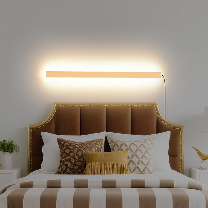 Modern Plug in Wall Lights, 31.4 inch Frosted Gold LED Long Wall Sconce, 16W Warm White 3000K Acrylic Indoor Wall lamp,with 59" Plug Cable for Bedroom, Living Room, Hallway