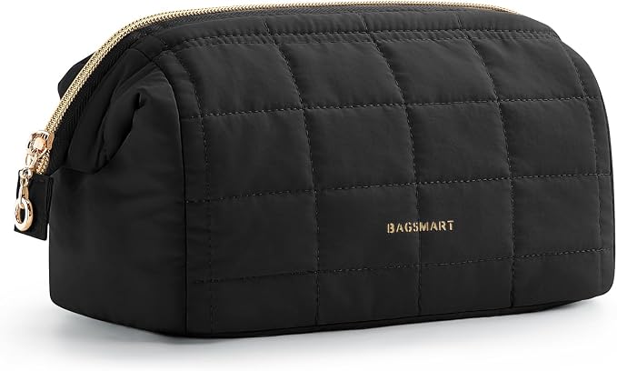 BAGSMART Makeup Bag Travel Toiletry Bag, Wide-open Zipper Pouch, Black | Puffy Padded, Travel Essentials, Make Up Bag, For Women, Makeup Organizer, Toiletries Accessories Brushes