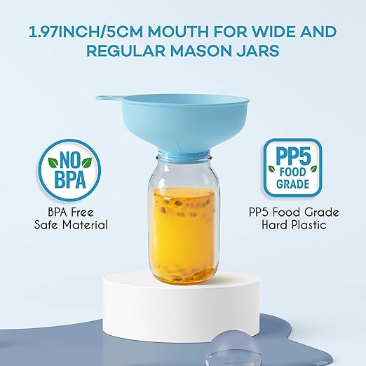 Pisol Wide Mouth Versatile Funnel, Canning Funnels for Kitchen Use, Food Grade Plastic Cooking Funnel Set with 4 Size Spouts and 2 Strainers for Filling Different Bottles and Bags, Blue