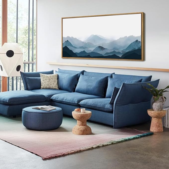 Blue Framed Mountain Landscape Wall Art Fog Mountain Painting Wall Decor for Bedroom Living Room Office Decor 20x40 Inch