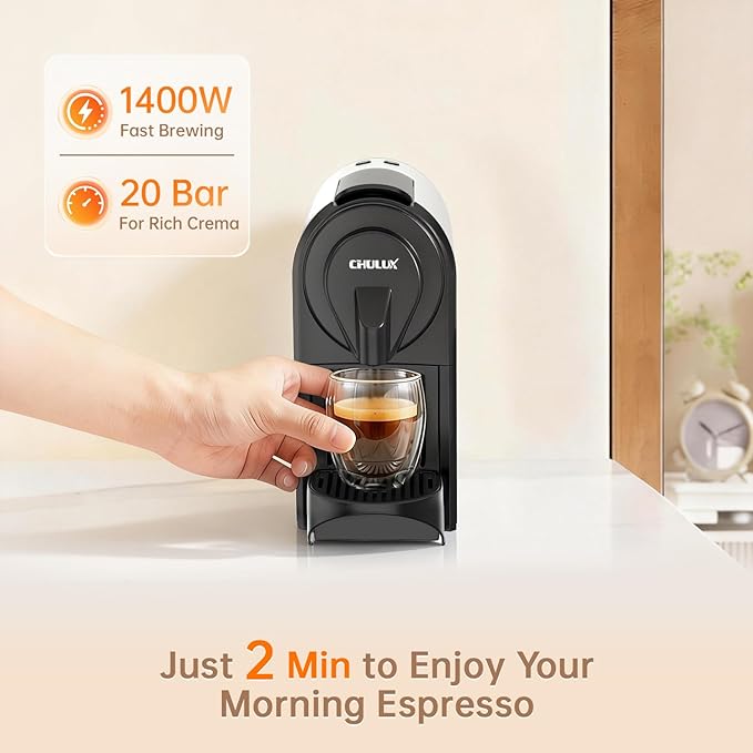 CHULUX Bafè-Pro Espresso Machine for Nes Original Pods, Fast Brewing, White | 1400W Rapid Heating, Espresso Lungo Buttons, Used Capsule Drawer, Auto-Eject System, 24oz Removable Reservoir, Mini Footprint