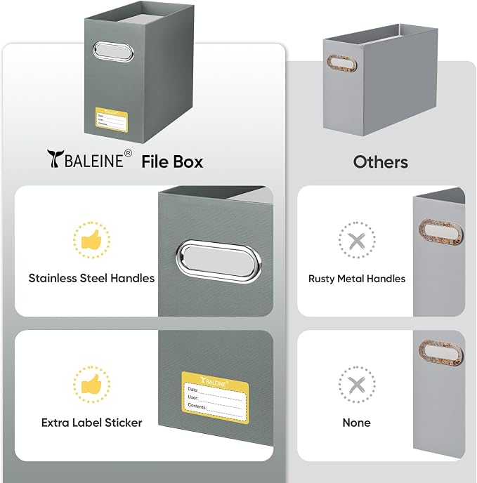 BALEINE File Organizer Box, Cardboard File Folder Organizer with Handle for Letter Size, Portable Collapsible Hanging Filing Box for Home Office Document Storage (4 Pack, Grey)
