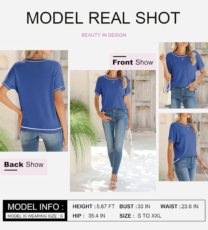 SHEWIN Womens Tops Trendy Short Sleeve Shirts Crewneck Lightweight Knit Sweater Top Business Casual Outfits