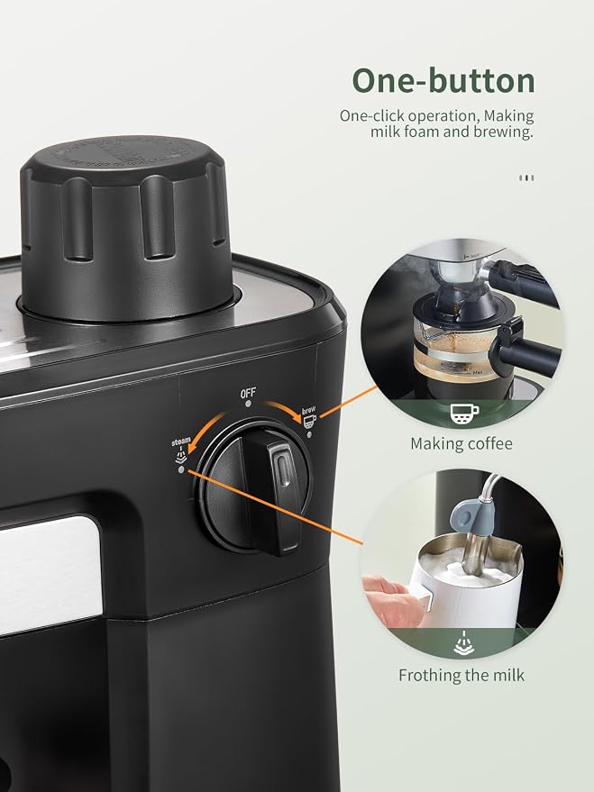 Reemix Espresso Machine 6 Bar, Rich Crema Coffee Maker | Auto Pressure Relief, Compact Home Coffee Brewer Machine, Black