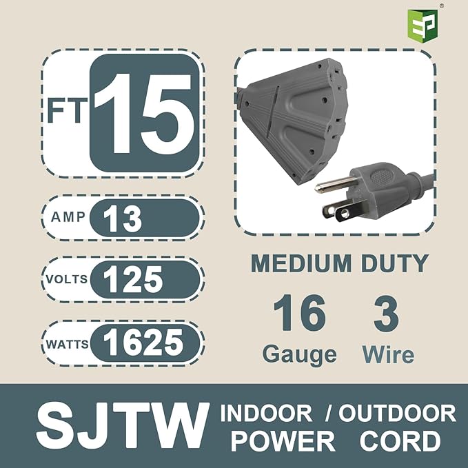 EP 15 Ft Outdoor Extension Cord with 3 Electrical Power Outlets - 16/3 SJTW Grey Cable with 3 Prong Grounded Plug for Safety Great for Christmas Lights, Garden and Major Appliances