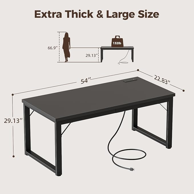 Mericonia 54 Inch Computer Desk with Power Outlets, 1.2" Thick Office Table | Modern Simple Style, Heavy Duty Industrial Frame, Study & Writing Table for Home Bedroom Work, Black