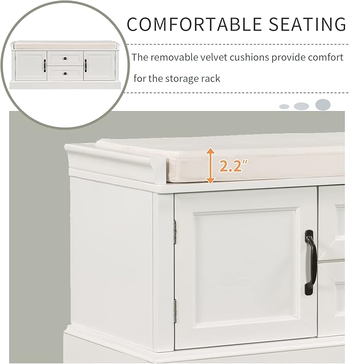 Merax Modern Wood Storage Bench with 2 Drawers and 2 Cabinets for Living Room Bed Room Entryway White