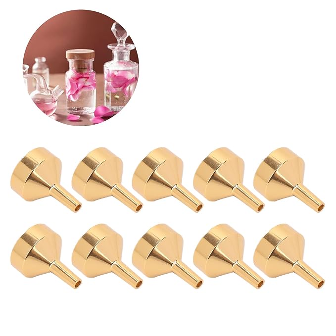 ANGGREK 10pcs Mini Aluminum Alloy Funnel Set for Filling Bottles and Transferring Cosmetics, Perfume (Golden)