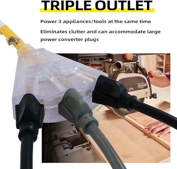 25 Ft Lighted Outdoor Extension Cord with 3 Electrical Power Outlets - 12/3 SJTW Heavy Duty Yellow Extension Cable with 3 Prong Grounded Plug for Safety, UL Listed
