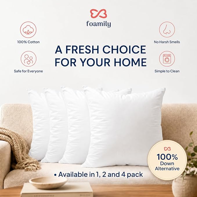 Foamily 22x22 Throw Pillow Insert, 100% Cotton Cover, Down Alternative | Cotton cover, plush down-alternative fill, machine washable Fits 22x22 covers Couch, sofa, bed, nursery décor