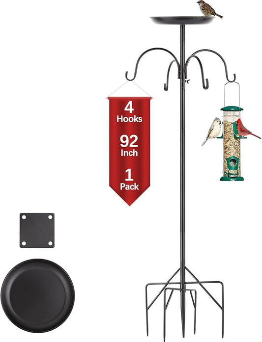 4-Hook Shepherds Hooks for Outdoor, 103" Heavy Duty Bird Feeder Pole with 5 Prongs Base, Adjustable Garden Hook for Plant Baskets, Hummingbird Feeder, Lantern, Solar Light, Garden Hook for Outside