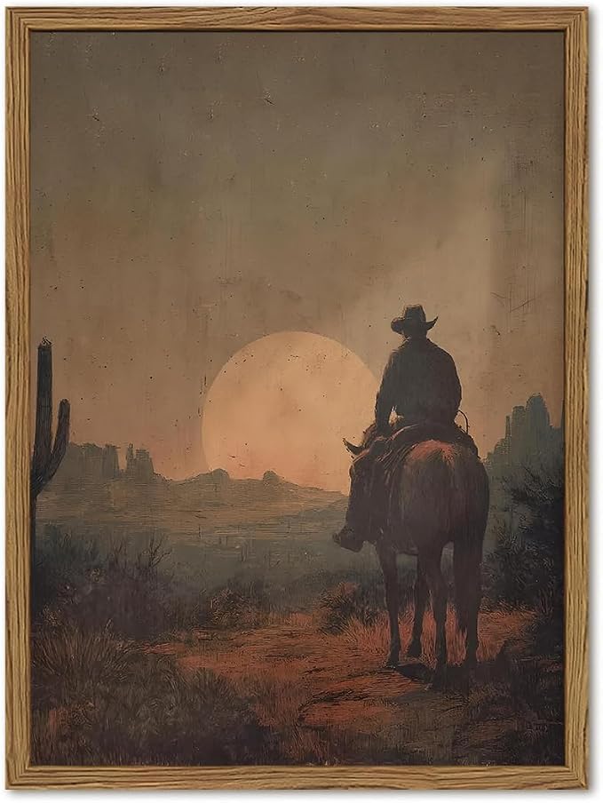Vintage Cowboy Wall Art Western Country Wall Decor Painting, Southwestern Desert Cactus Poster Canvas Print Picture Retro Rustic Horse Artwork for Living Room Bedroom 12x16 inch Wood Framed