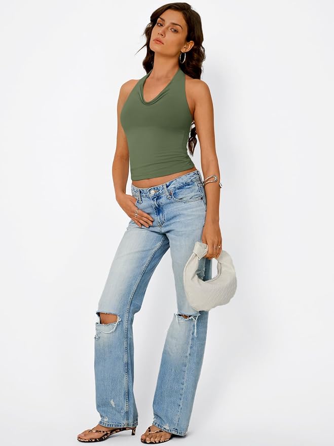 Trendy Queen Halter Tops for Women Going Out Summer Top | Cowl Neck Shirts, Sexy Backless, Fashion Y2K Clothes, Perfect for Party, Club, Vacation, Pair with High-waisted Bottoms
