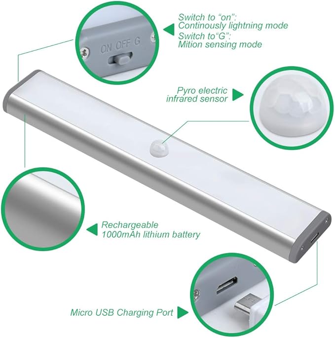 LEPOTEC LED Kitchen Lights Under Cabinet,Wireless Motion Sensor Led Light Rechargeable Cabinet Lights Battery Operated, Under Counter Lighting Magnetic Stick-On Closet Lighting/White Light(3Pack)