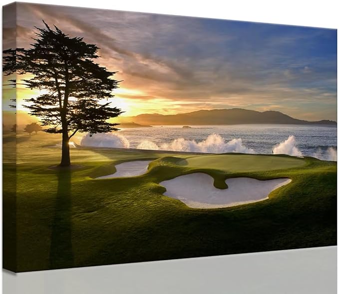 chenchenArt Pebble Beach Golf Course Wall Art Pictures Golf Course Poster Canvas Prints Golf Artwork Wall Decor for Living Room Bedroom Bathroom Home Decorations Framed Ready to Hang(24''H x 36''W)