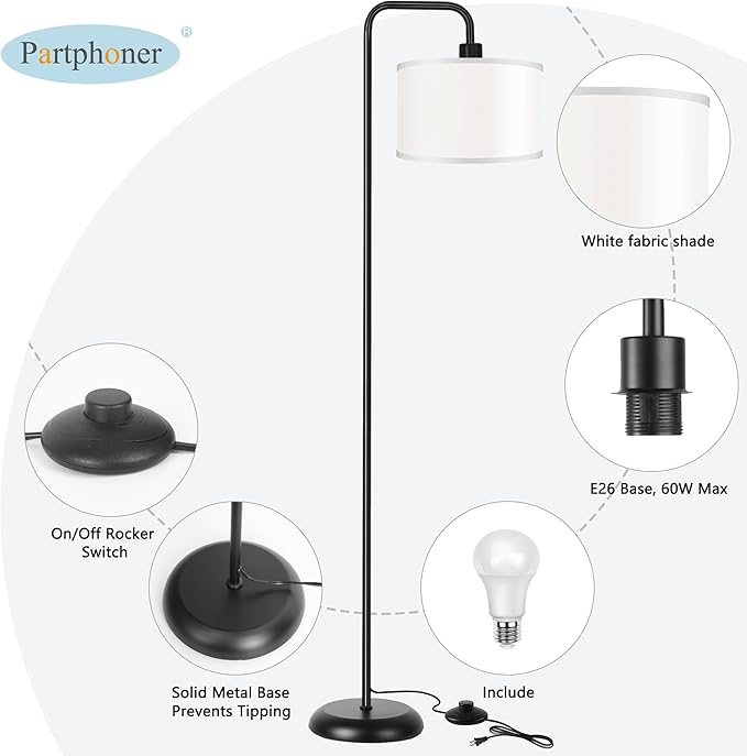 [Upgraded] LED Floor Lamp for Living Room, 3 Color Temperature Floor Lamp with Foot Switch Modern Standing Lamp Tall Pole Floor Reading Lamp for Bedroom, Study Room, Office, 9W Bulb Included, Black