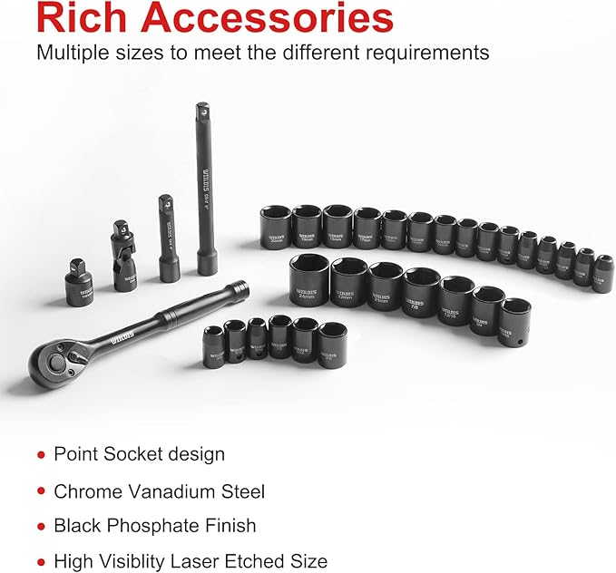 WIILDIS Impact Socket Set, 33-Piece, 3/8" Drive Socket Set with 72 Teeth Reversible Ratchet Wrench, CR-V, 6 Point, SAE/Metric, 5/16 Inch - 7/8 Inch, 6mm - 24mm, Mechanic Tool Kits for Men