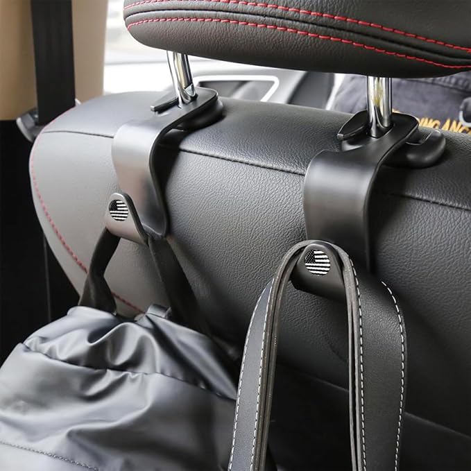 4PCS Car Seat Headrest Hooks, Auto Back Seat Hanger Holder, Durable Stylish Vehicle Organizer Universal Car Interior Accessories, Storage Hooks for Purses, Bags, Clothes, Hats (Black/Black Flag)