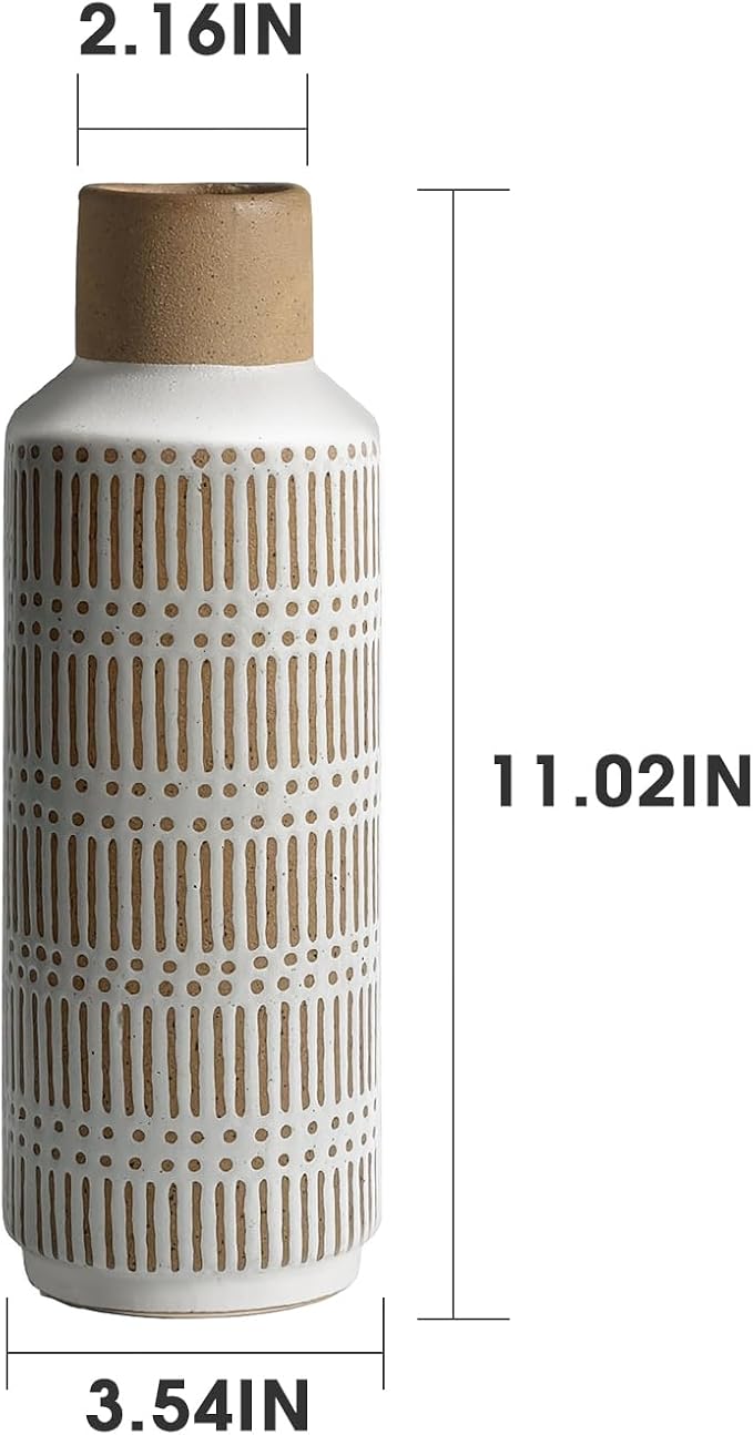 Rustic Ceramic Vase for Living Room Bedroom 11.02'' Farmhouse White Flower Vases for Bouquet Fake Plant Home Decor Office Table Shelf Fireplace Centerpieces Retro Vintage Classic Modern