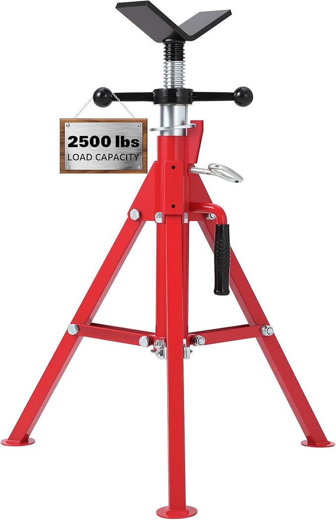 Heavy-Duty Pipe Jack Stand V-Head Bracket Load Capacity 2500 LBS Suitable for 1/8“ to 12” Pipes 28“ to 52” Adjustable Height Folding Legs for Welding Threading Hole Cutting