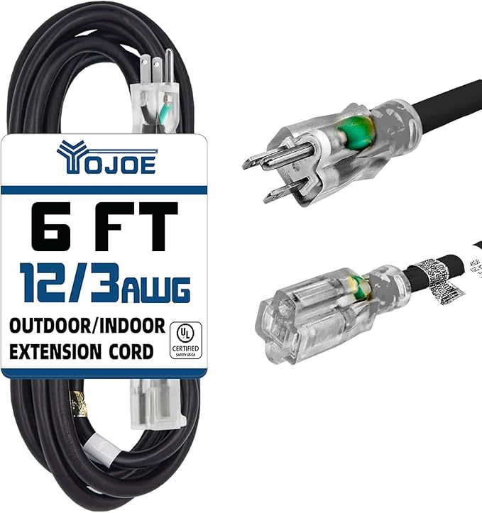YOJOE Indoor Outdoor Extension Cord with Lighted End, 3 Prong 15A Weatherproof Power Cord, 12 Gauge Heavy Duty 6 ft Black Extension Cord for Garage, Garden and Home, 12/3 SJTW UL Listed
