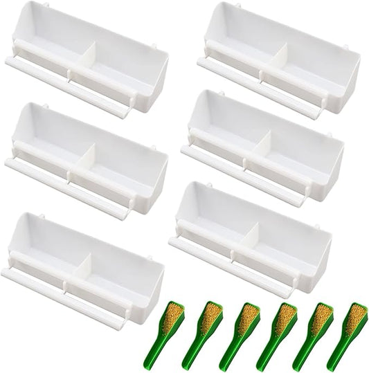 6pcs Bird Feeder, Pet Birds Food Double Plastic Seed Water Dish Dispenser Standing Frame Plastic Food Cup for Parrots Cockatiel Pigeon Sparrow Bird Cage Bowl with 6 Spoons