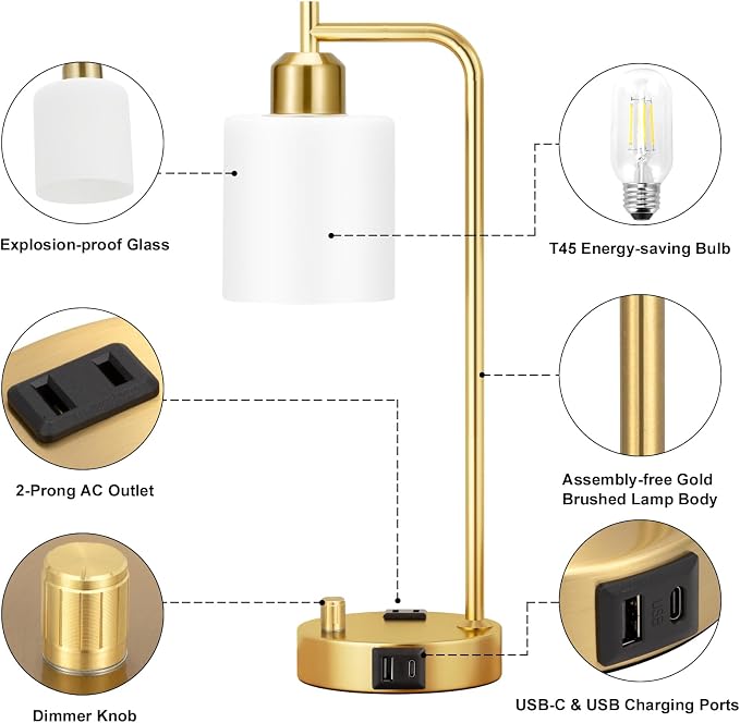 Innqoo Industrial Table Lamps for Bedroom Set of 2 - Fully Dimmable Bedside Lamps with USB Ports and Outlet, Gold Nightstand Lamps with Opal Glass Shade for Living Room, Desk Lamps for Office Reading