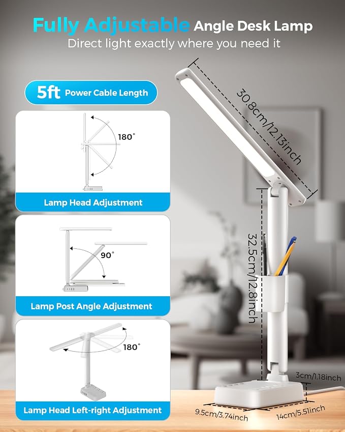 LED Desk Lamp with Power Strip, 3 AC Outlets & 4 USB Ports (2 USB-C), Stepless Dimming&2800K-6500K Eye-Caring Desk Light, Foldable Table Lamp with 10FT Cord for Home Office, Dorm Room Essentials White