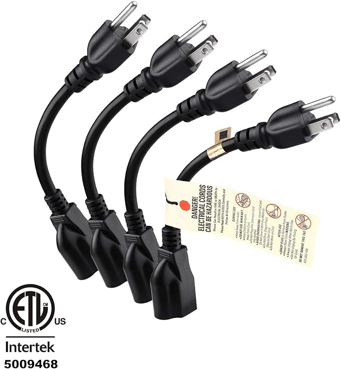 [ETL Listed] Miady Short Power Extension Cord Outlet Saver, 16AWG/13A, 3 Prong (4 Pack, Black, 8 Inch)