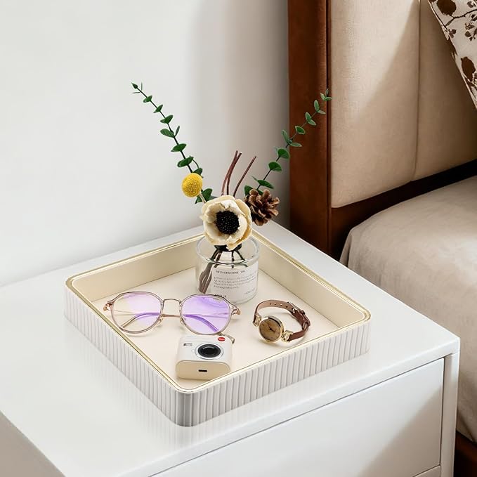 GORESE Square Nightstand Tray Perfume Organizer, Leather Decorative Tray, Purse Bowl Catch All Trays for Trinket Keys, Valet Jewelry Trays for Vanity, Gift for Women & Men, Cream White(9.3'' × 9.3'')