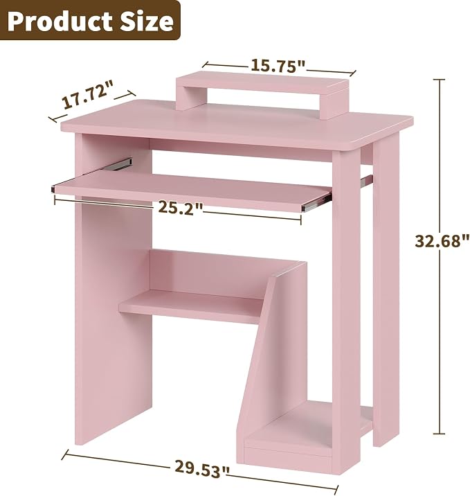 ALISENED 30 Inch Computer Desk, with Keyboard Tray & Monitor Stand | Compact Desk for Space-Saving, Ergonomic Study Desk with Storage Shelves for Writing, Gaming, Working, Pink