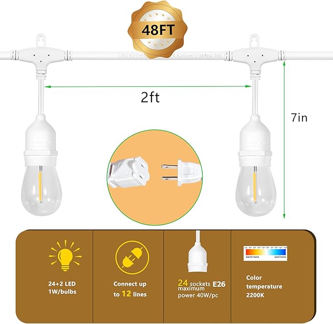 𝟰𝟴𝑭𝑻 LED Outdoor String Lights with 𝟮𝟰 Weatherproof Shatterproof Edison Style 𝑳𝑬𝑫 𝑩𝒖𝒍𝒃𝒔(2 𝑺𝒑𝒂𝒓𝒆)，Commercial Grade Waterproof Hanging Lights for Backyard Porch Balcony Party
