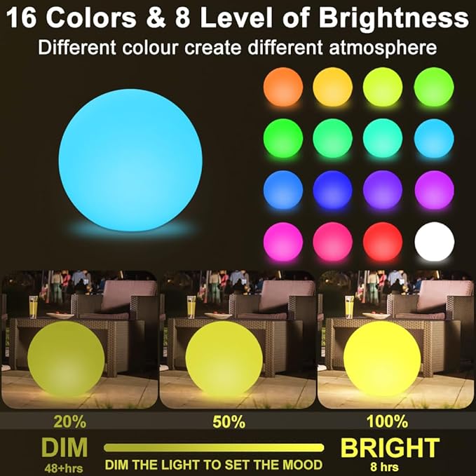 16 In Cordless LED Glowing Ball Light, LED Globe Orb Night Light w/Remote,16RGB Color Changing Waterproof Light Up Ball Rechargeable Indoor/Outdoor Mood Lamp for Nursery Garden Patio Party Bar Decor.
