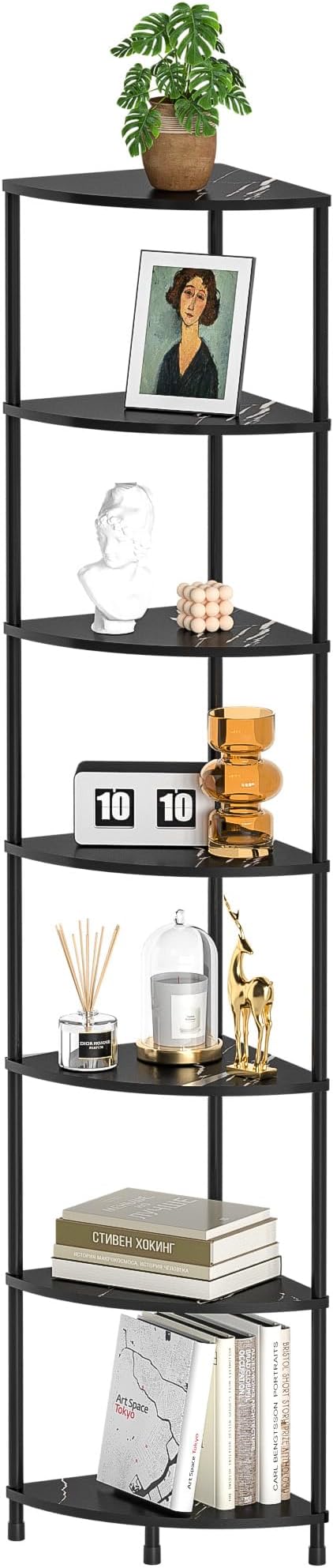 Book Corner Shelf, 7 Tier Corner Bookshelf Display for Living Room Decor, 64.7" Standing Shelf Bookcase Organizer, Marble Black Storage Shelves for Bedroom, Bathroom, Small Space