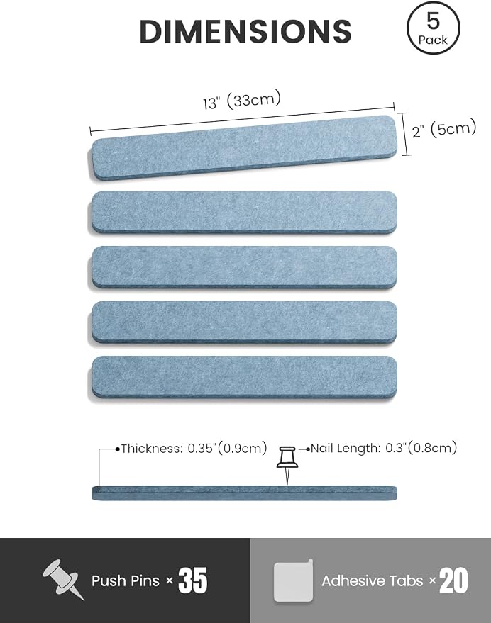 Fluxynara 13" x 2" Felt Wall Panels, Dusty Blue | 5-Pack Cork Board Alternative with 35 Push Pins, Adhesive Mounting for Bedroom Door or Home Office