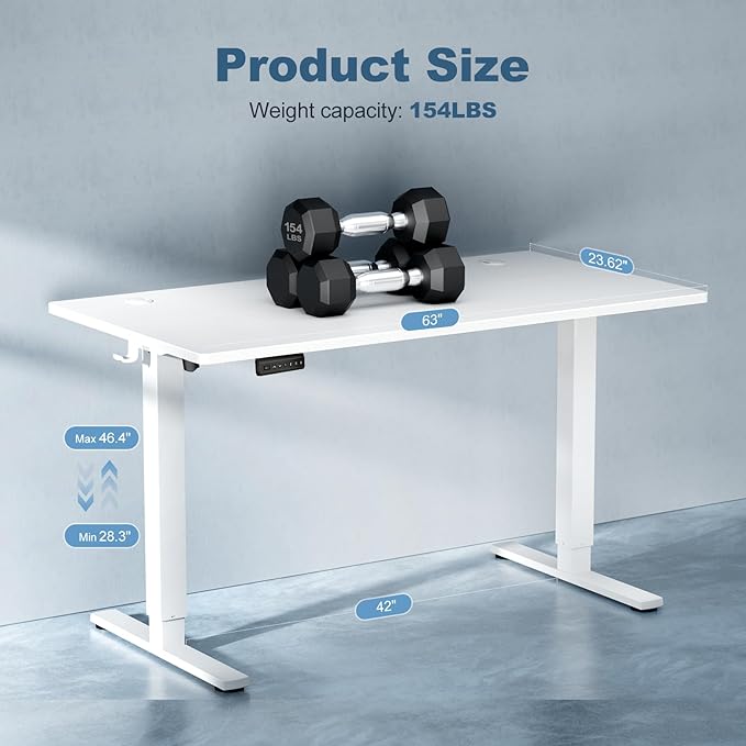 DUMOS 63 Inch Electric Standing Desk, Memory Adjustable Home Office Desk | Sit Stand Up Desk for Work Home Office,Adjustable Desk, Rising Computer Table with Splice Board,Cable Management,Hook,White