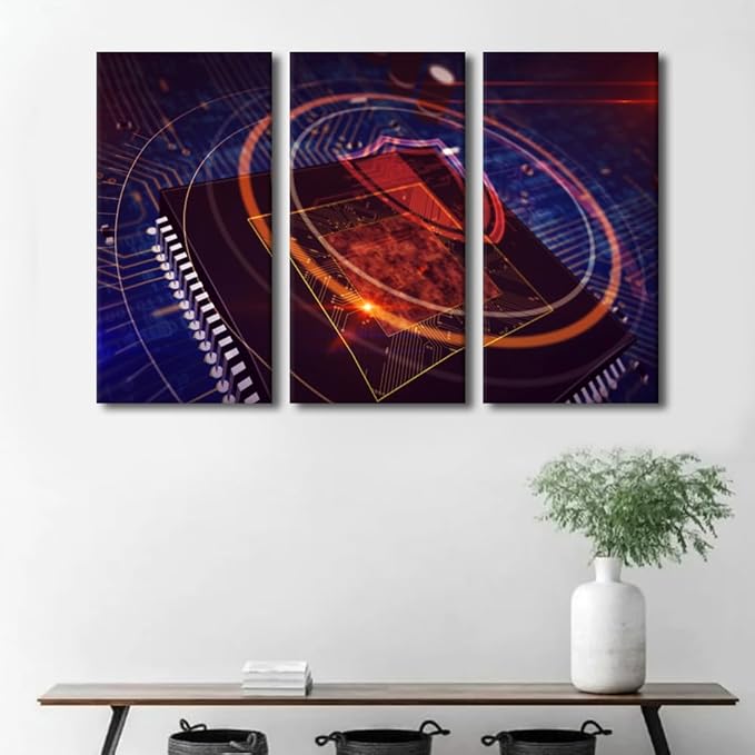 Framed Wall Art Internet Security Canvas Wall Art 3 Panels CPU Posters Pictures Print on Canvas for Living Room Bedroom Wall Decoration Gallery-Wrapped Ready to Hang, 60" Wx40 H