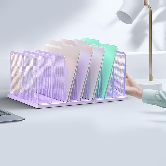 Kuntine.B 7-Section Upright Desk File Organizer Purple 1 Pack | Vertical, Mesh, Metal, Assembly, Stability, Sturdiness, Organization, Standing