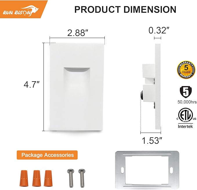 Vertical LED Recessed Step Light Fixture, 5CCT Selectable, IP65 Waterproof, 3W 70LM, 120V Stair Light Indoor Outdoor, 10%-100% Dimmable, White, ETL Listed - 4PK