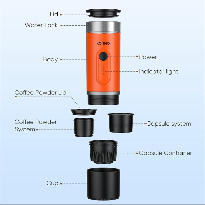 Portable Espresso Machine for Travel, Self-Heating Coffee Maker Works with Capsules & Ground Coffee, Type-C Rechargeable for Outdoor Camping Car RV Business Trips