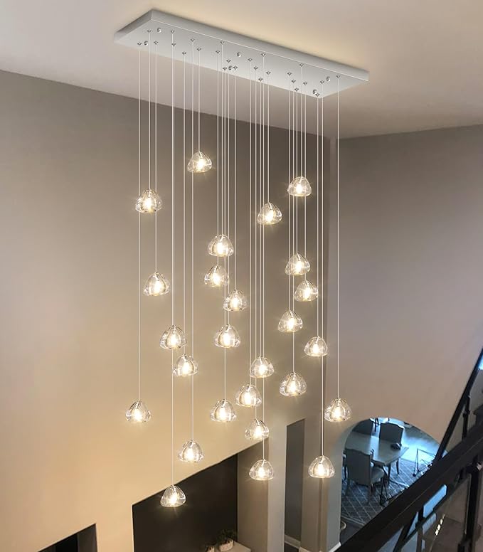 LED Rectangular Glam Chandeliers for Living Room Dining Room Light Dimmable High Ceiling Pendant Lights Fixtures Lighting 26-Lights Foyer Entryway Lighting Brushed Nickel