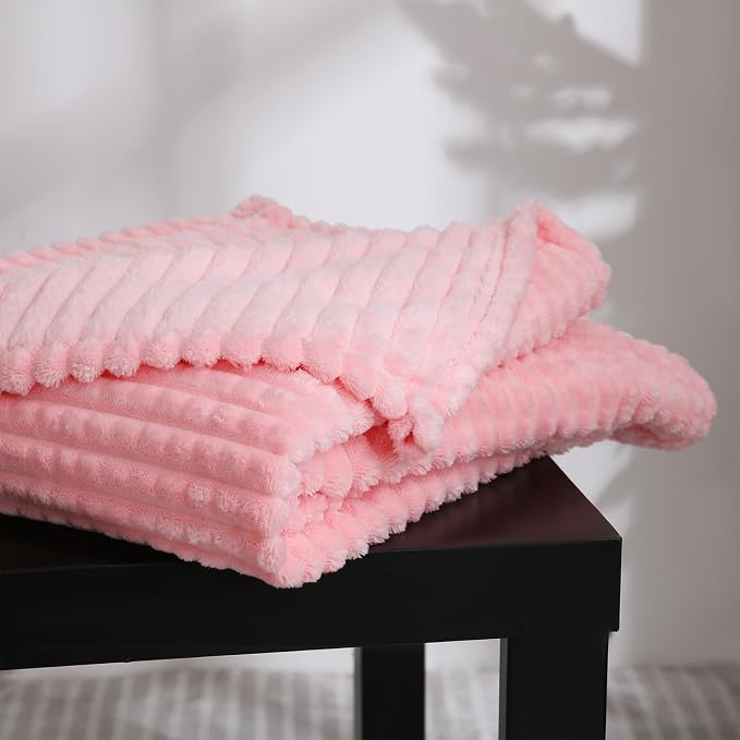 Puncuntex Fleece Throw Blanket Light Pink 50"×60" with Square Grid Design | Super Soft Plush Cozy Flannel Throw Blanket Luxury for Couch Sofa Chair