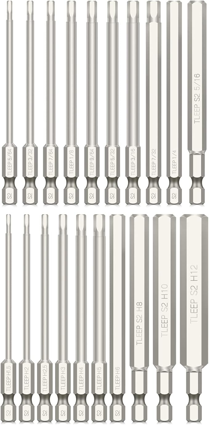 20 x 1/4 Inch Hex Head Allen Wrench Drill Bits 100MM Long, SAE 5/16” to 5/64” & Metric 12mm to 1.5mm, S2 Steel Magnetic Tips Screwdriver Socket Bit Set for Ikea Type Furniture, Silver