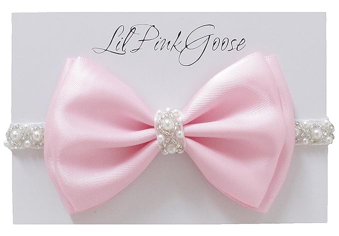0-12 Newborn Baby Baptism Pearl Headband or Clip with Bow in WHITE Christening Headband with Satin Bow, Pearl Rhinestone Band (Pink(3-6Months), 1 Count (Pack of 1))